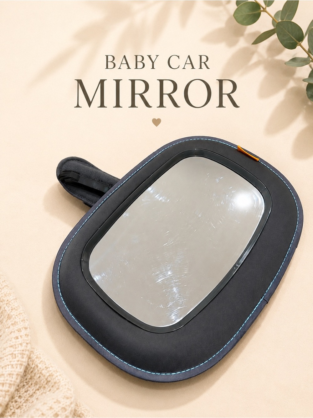 Kids Car Seat Back Mirror in Black with Blue Stitching